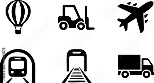 Transport Icon Set – Airplane, Train, Bus, Balloon, Forklift, and Tunnel Public Transit Vector EPS