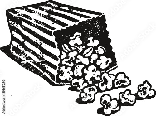 popcorn spilling out of striped container, snack food, cinema treat, crunchy, salted