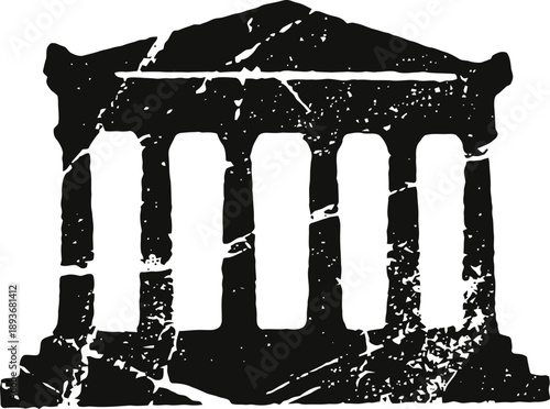 Ancient temple silhouette with worn texture, classical ruin icon featuring pillars and triangular roof