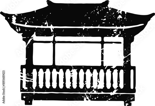 Traditional asian pavilion silhouette with ornate roof and wooden railing design