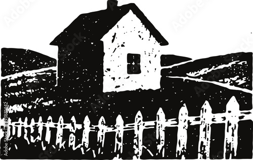 Rustic countryside house with picket fence in black and white woodcut landscape