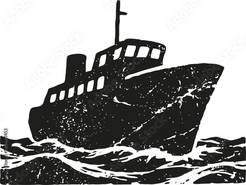 vintage ship silhouette sailing through rough ocean waves with textured distressed effect