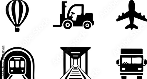 Transport Icon Set – Airplane, Train, Bus, Balloon, Forklift, and Tunnel Public Transit Vector EPS