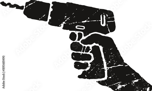 Hand holding a drill with a worn grunge texture in black and white silhouette