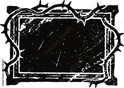 Grunge rectangular frame with barbed wire border and distressed texture