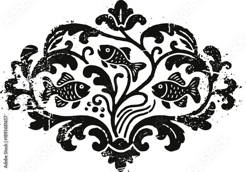 Ornamental floral design with fish motifs in vintage distressed black ink