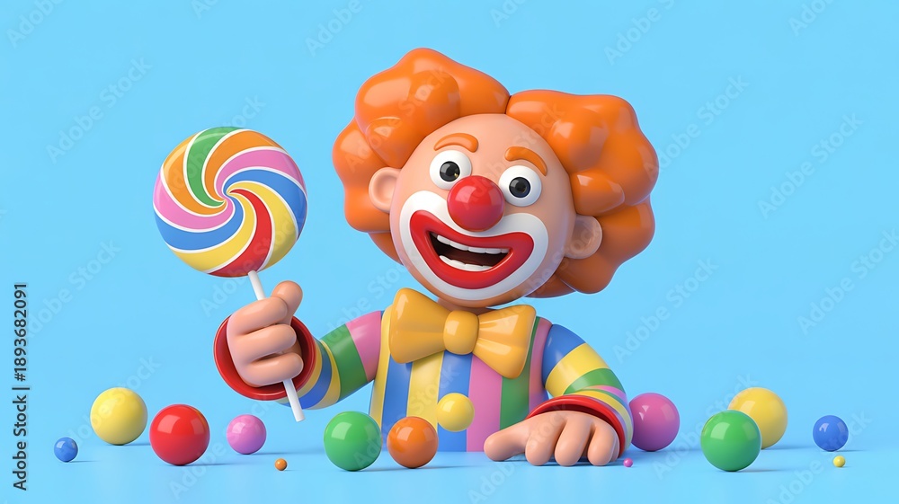 Naklejka premium A cheerful cartoon clown character holds a colorful lollipop against a light blue background.