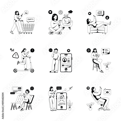 A collection of phoneholic, mobile addiction glyph illustration in modern design style