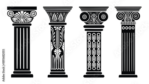 Four ancient greek column capitals illustrated in black and white on plain background