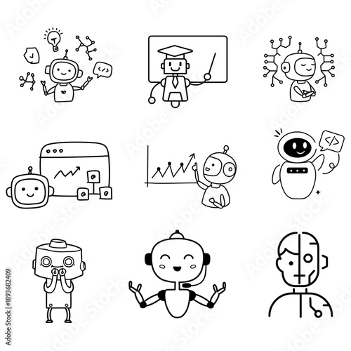 Playful yet professional icons of robots, chatbots, and automated systems. Excellent for customer support pages, tech education materials, and robotics engineering presentations.