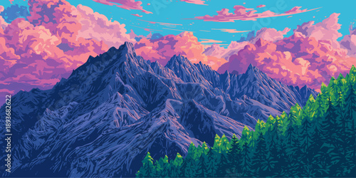 A panoramic sunset view of snow-capped alpine peaks and a lush forest valley under a high blue sky with clouds creates a breathtaking mountain landscape