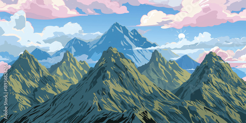 A breathtaking panoramic view of the high alpine mountain landscape features snow-capped peaks and a lush green forest valley under a bright blue sky with white clouds