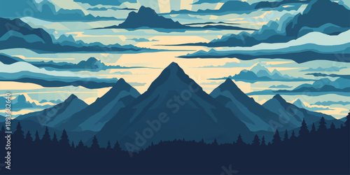 A breathtaking morning view of snowy Alpine mountain peaks under a soft blue sky as the sunrise glows through mist and clouds over a winter landscape valley