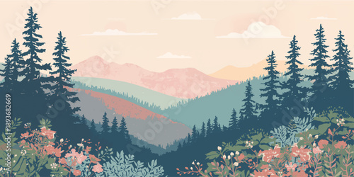 A serene winter landscape features snow-covered mountains and misty pine forests under a glowing sunset sky where clouds drift softly over a cold valley at duska