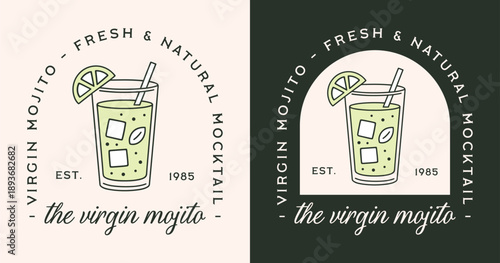 Virgin mojito mocktail alcohol free fresh and natural non alcoholic party cocktail logo label sticker design. Fancy retro green aesthetic mint flavor healthy iced drink glass drawing packaging print.