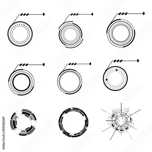 Collection of circular tech symbols with linear connection points. Ideal for representing internet of things (IoT), network infrastructure, and advanced digital communication systems.