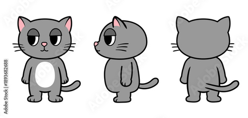 猫キャラクター三面図イラスト｜正面・横・後ろの全身ビューが揃ったかわいい動物デザイン素材
