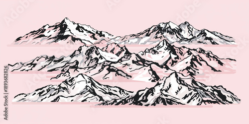 Vector illustration of a majestic pine tree in a snow-capped mountain landscape with high alpine peaks and a white glacier under a winter sky