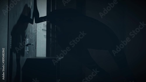 A human shadow detaches body elongates, twists crawls along walls liquid darkness. Interacts objects impossibly slipping doors wrapping furniture Dimly lit room, cinematic lighting suspenseful surreal