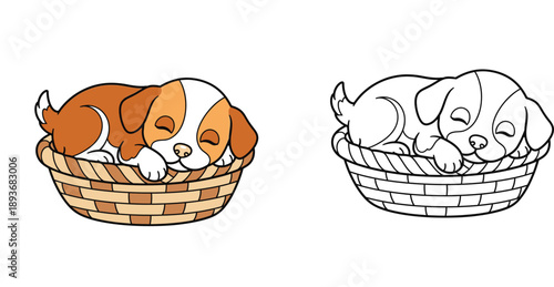 Cute cartoon puppy sleeping in a basket vector illustration with coloring page outline isolated on white background