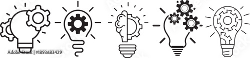 Ideas and Solutions: A collection of lightbulb illustrations symbolizes innovative solutions, concepts, and problem-solving, emphasizing the gears and thinking.