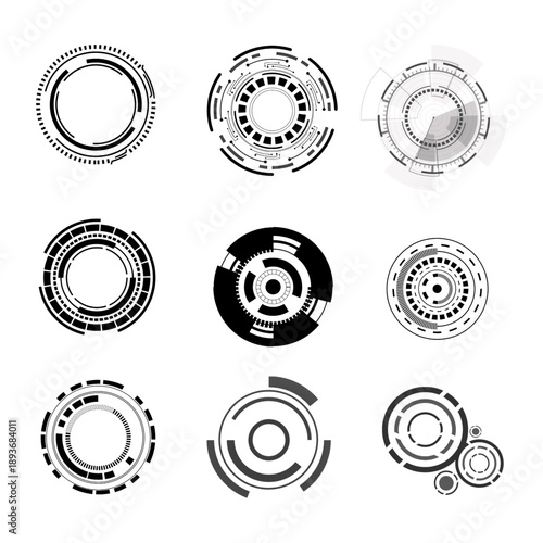 Set of high-tech HUD (Heads-Up Display) circular interface icons and loading rings. Great for futuristic UI design, cybersecurity graphics, and data visualization projects.