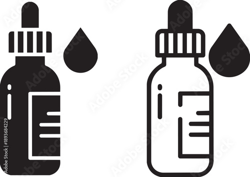 Bottles and Drops: minimalist line art depiction of two dropper bottles, with associated drop in the backdrop.