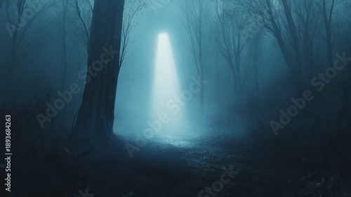 Mysterious forest path illuminated by a beam of light
