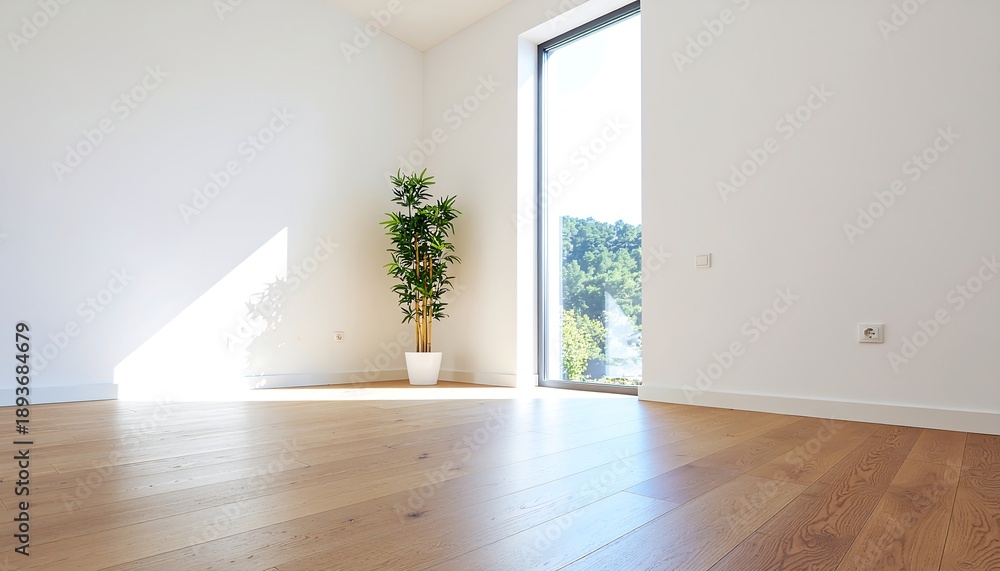 Fototapeta premium Minimalist Interior with Bamboo Plant, Wooden Floor, and Large Window