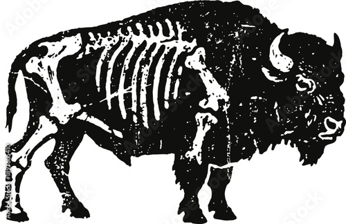 Buffalo silhouette with visible skeletal bones illustration in black and white drawing