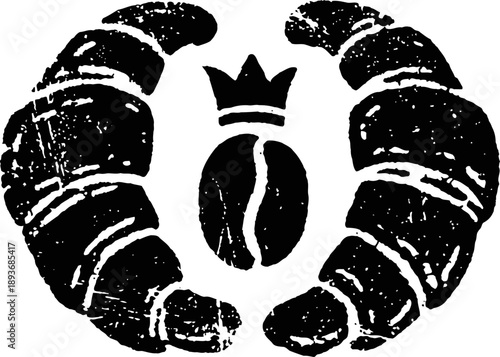 Vintage coffee bean with crown and croissant bakery icon in black grunge