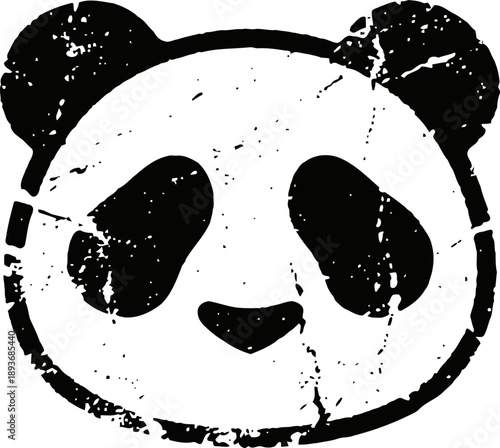 grunge panda face illustration with textured black and white distressed effect design