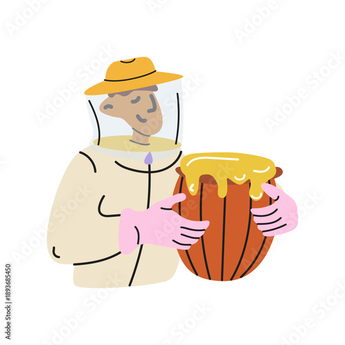 Cartoon beekeeper character with a wooden barrel of honey in groovy style. Farming and agriculture concept. Honey apiary and organic natural sweet product. Vector illustration isolated