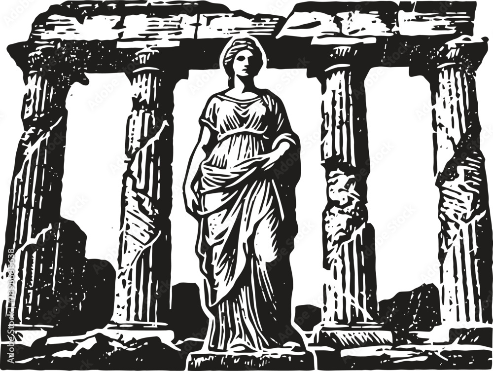 Fototapeta premium Ancient greek statue of a woman amidst doric columns ruins in classical temple architecture