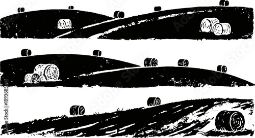 Rolling hills with hay bales scattered on farmland rural agriculture landscape in black and white sketch