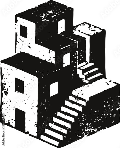 abstract black and white architectural structure with staircases and cubical shapes in isometric