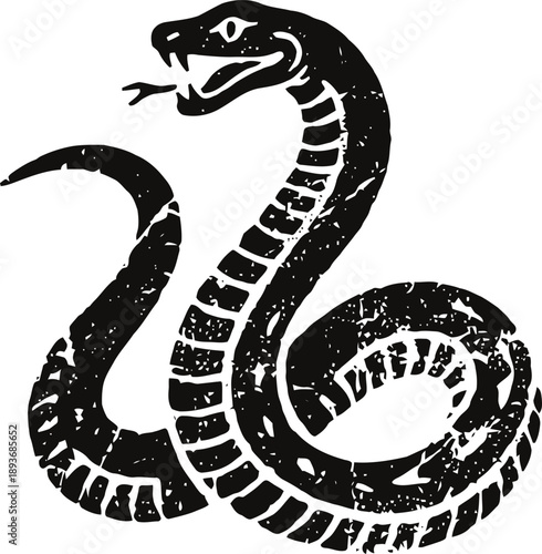 Black coiled snake illustration with open mouth and forked tongue, vintage grunge animal design
