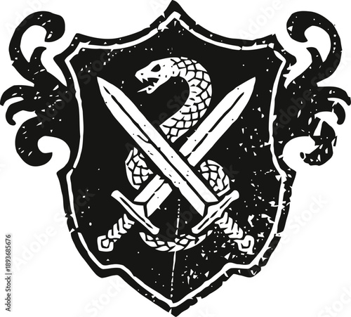 Medieval heraldic shield featuring coiled serpent and crossed swords in vintage