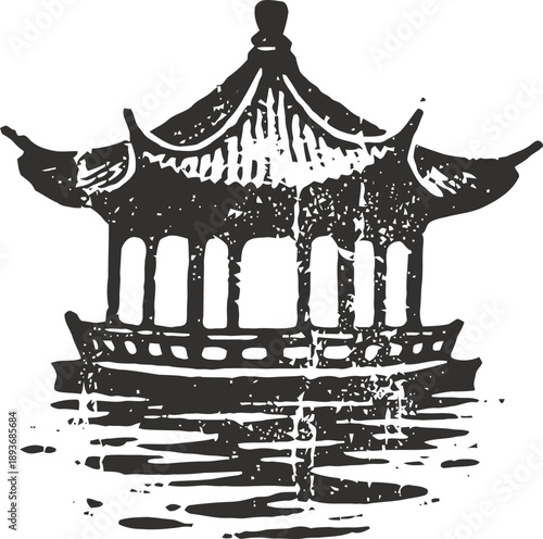 traditional asian pavilion silhouette on water with reflection and distressed texture
