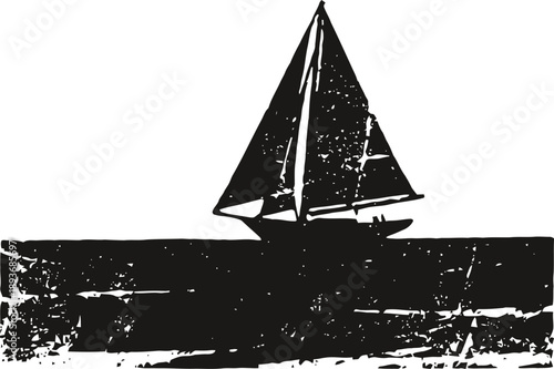 sailboat silhouette on water with textured grunge isolated on white background