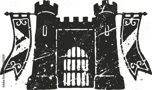 Medieval stone castle gate with towers and banners, vintage fortress entrance illustration