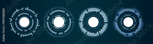 Digital sci-fi circles combine precision lines, data markers, and radial symmetry. Minimal white background highlights structure. Perfect for high-tech interface visuals.