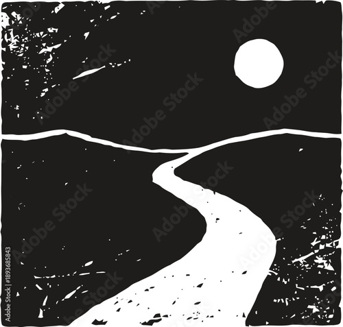 moonlit winding path through hills at night, minimalist black and white landscape illustration