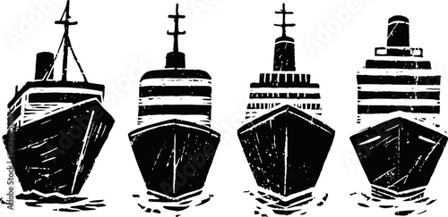 four vintage ship front views black silhouettes isolated on white background