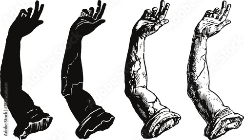 Vintage human arm drawings in different shading styles isolated on white background