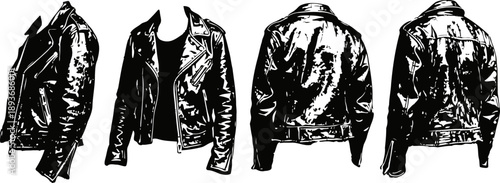 Black leather biker jackets collection vintage motorcycle outerwear from different angles classic apparel in sketch illustration