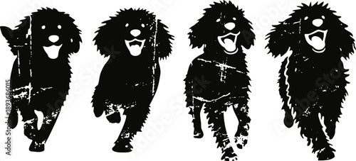 Silhouettes of happy running dogs in dynamic playful motion, energetic pets, joyful animals