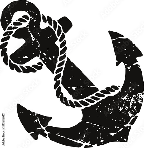Black anchor silhouette with rope wrapped around vintage nautical symbol design