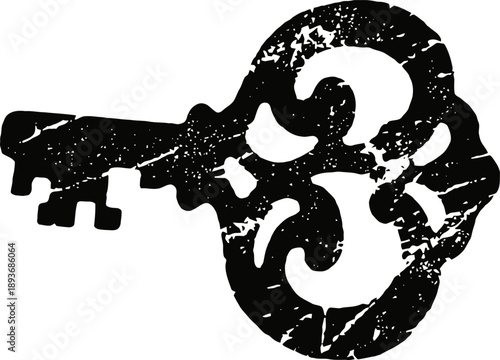 Vintage ornate key silhouette with distressed texture, antique old fashioned design