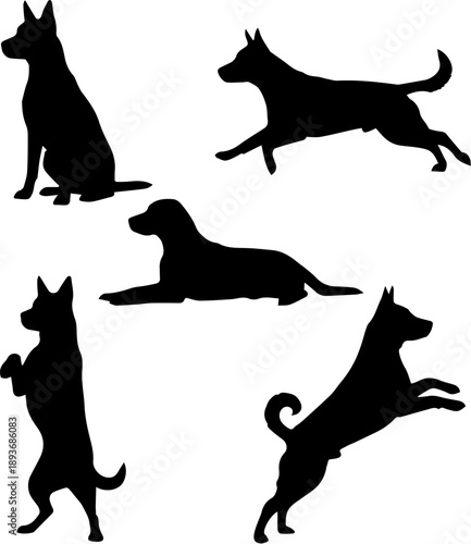 Dogs in various poses, black silhouettes on transparent background